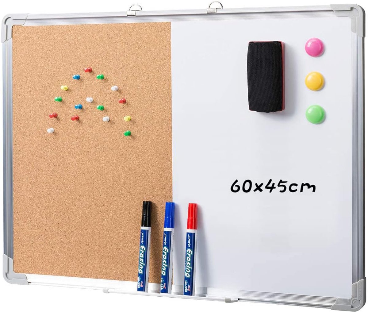 SnelShoppen - Magnetisch Whiteboard en Prikbord Set 60x45cm, Combinatie Bord voor Thuis, Kantoor, School, Muur Bevestigd, Drooguitwisbaar en Kork, Inc