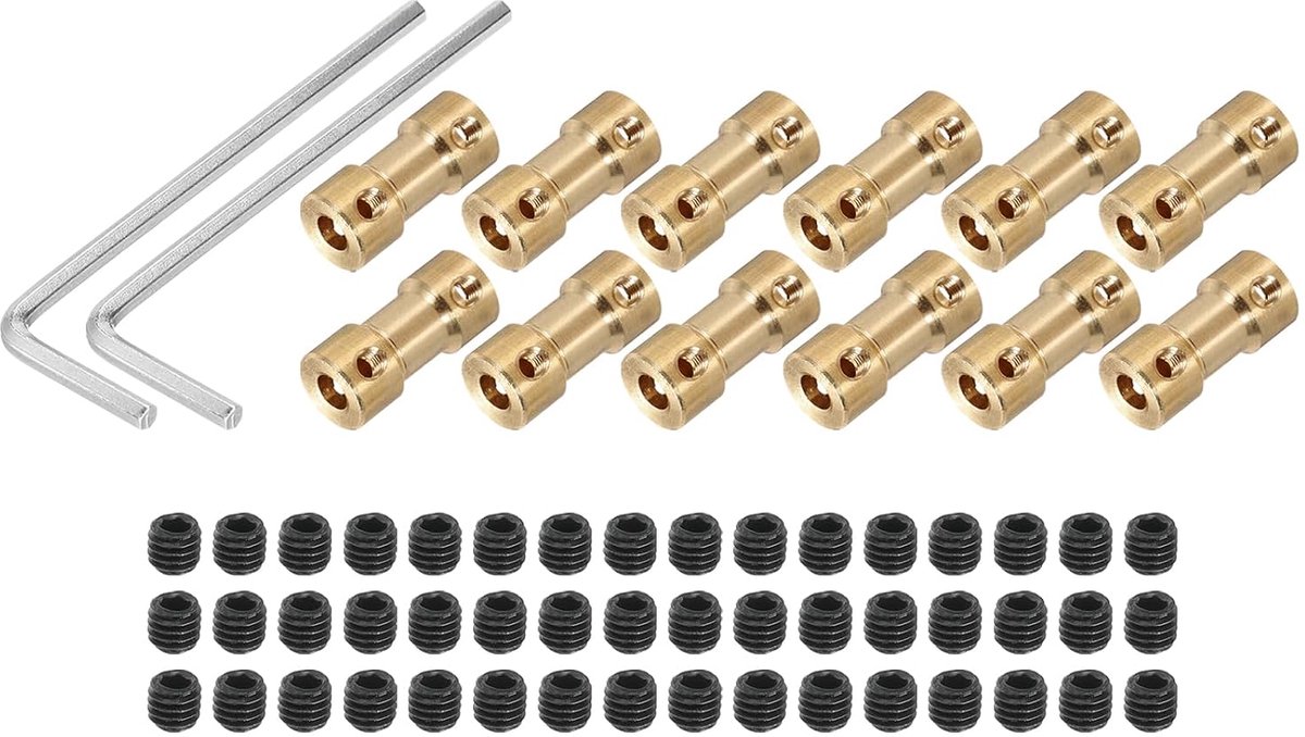 4 mm op 4 mm boring, stijve koppeling 20 mm, lengte 9 mm diameter, M3-aansluiting, messing as voor 3D-printer, doe-het-zelf kopertint met 12 koppelingen, 48 stuks schroeven, 2 stuks sleutels