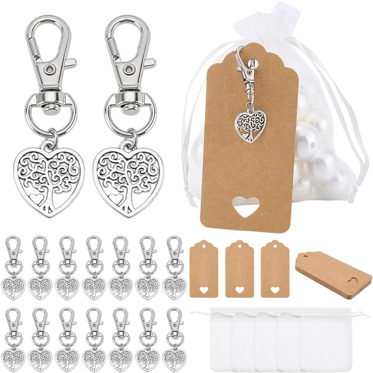 PandaHall 24 Sets Levensboom Sleutelhanger Gunst Bruiloft Gunsten Organza Gift Zakken Hart Sleutelhanger Kleine Mesh Zakken met Blanco Tags voor Verjaardag Verjaardagen Valentijnsdag Party Gunst
