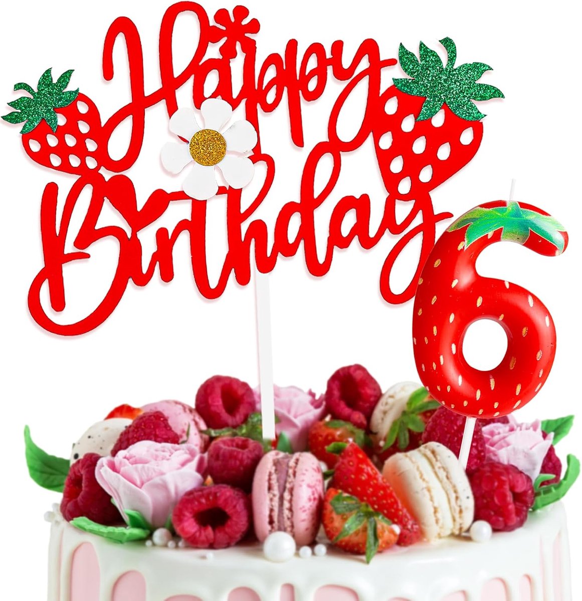 Aardbeientaartdecoraties met Happy Birthday-taarttoppers en verjaardagskaarsen voor 6 jaar oude meisjes, aardbei 6e verjaardagsfeestdecoraties