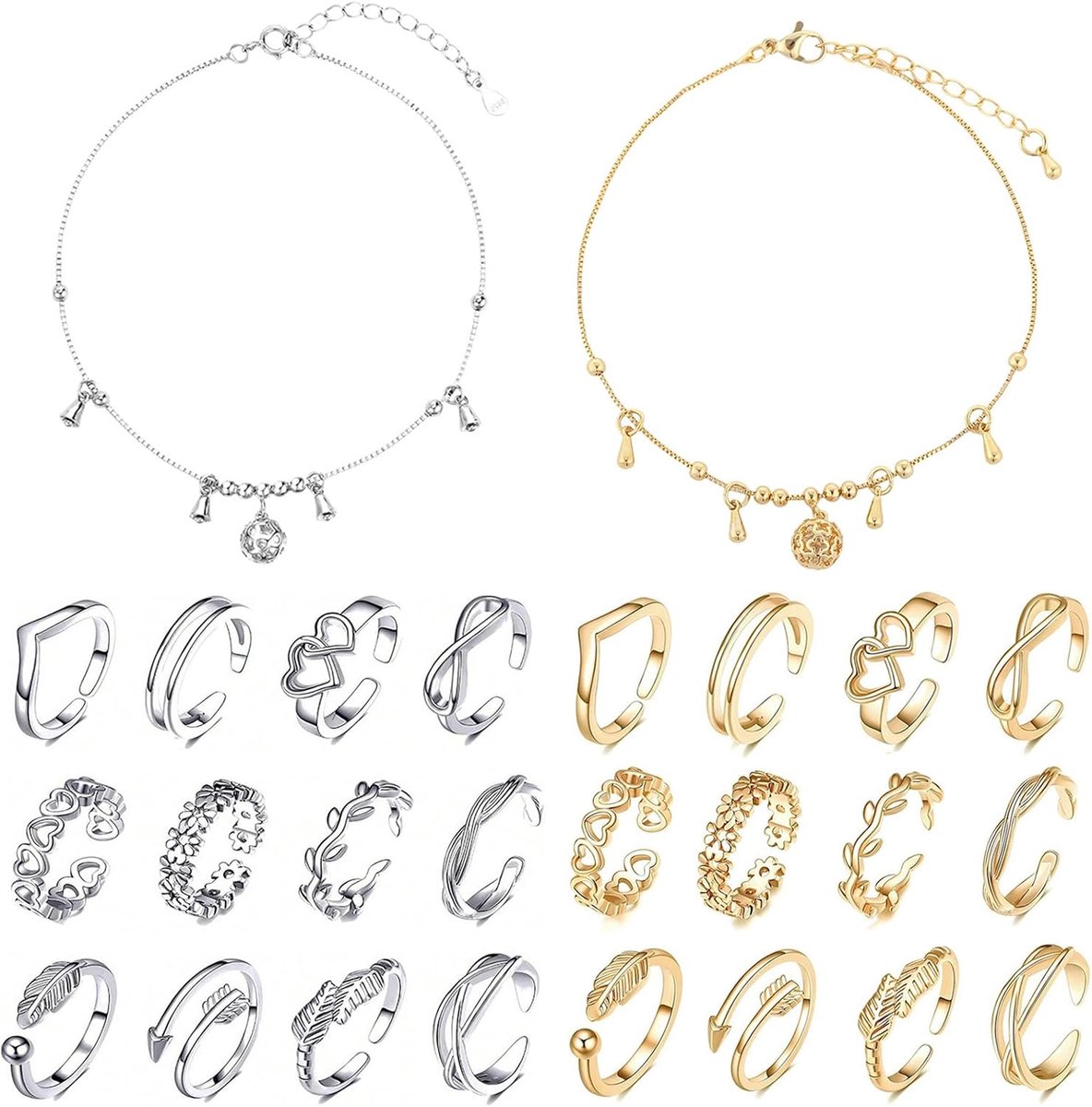 24-delige teenringen voor vrouwen, open teenringen set voor vrouwen meisjes, verstelbare bandringen, teenringen set, zomer strand voetsieraden