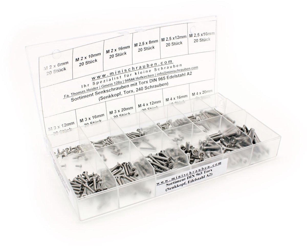 Assortimentsdoos met 240 stuks verzonken schroeven volgens DIN 965-TX roestvrij staal A2 (M2, M2,5, M3, M4), TX, verzonken kop. Mini schroeven assortiment incl. gelabelde doos