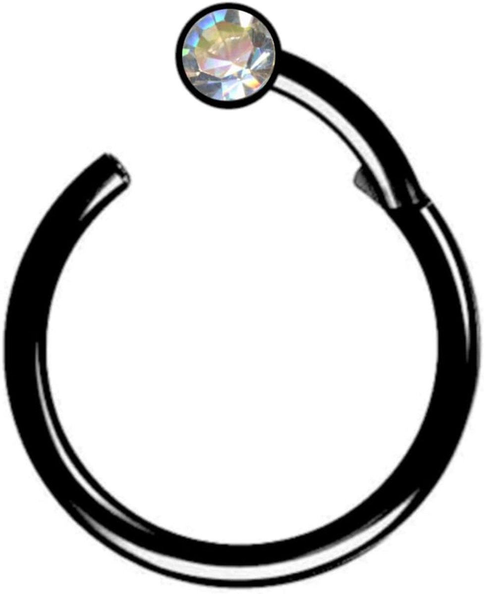 Clicker zwart segmentring piercing ring scharnier septum neus oor helix wit strass piercing ring clicker CHIRURGENSTAAL 316L ROESTVRIJ STAAL Staal 1 echt zirconia kristal wit helder zwart