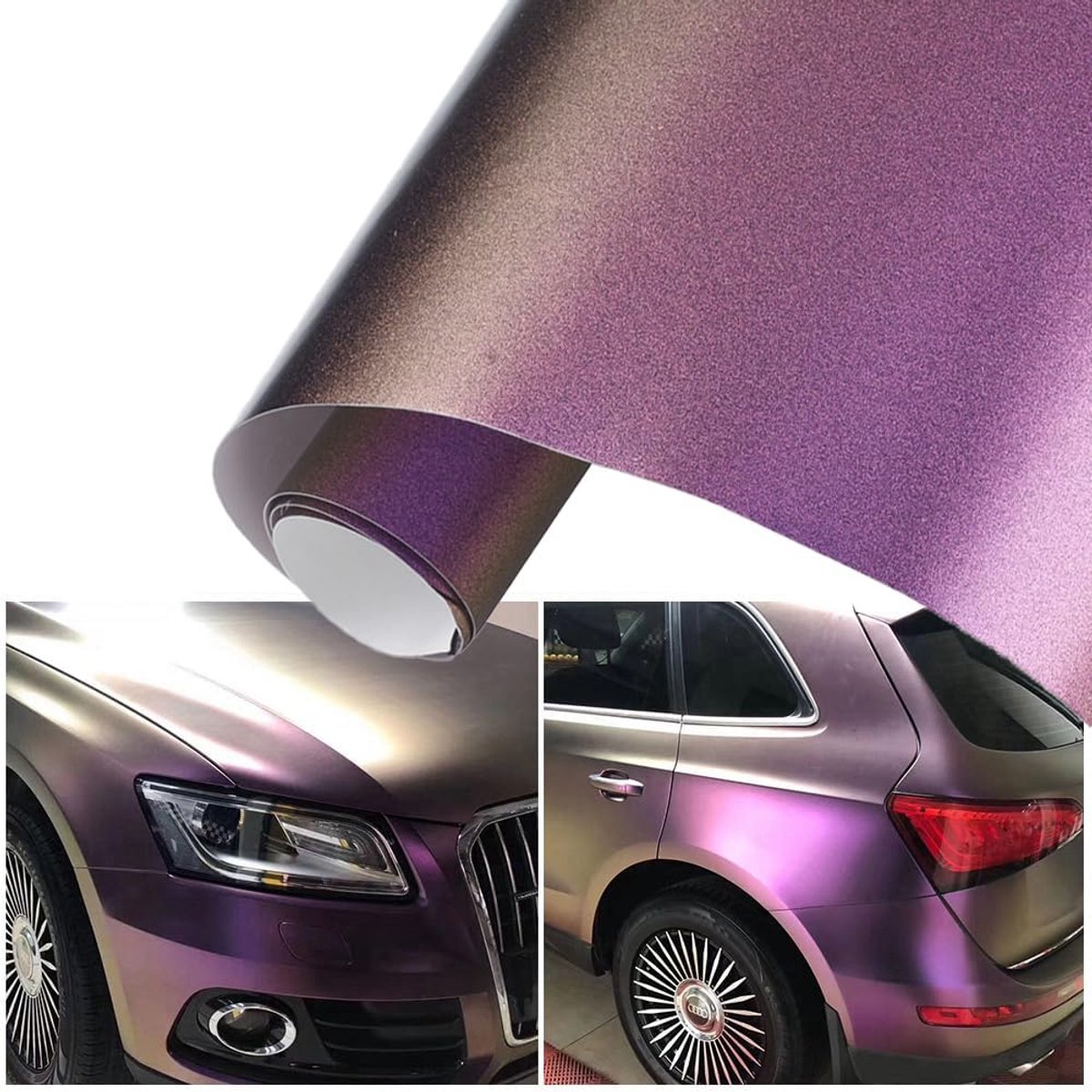 Autofolie Paars Mat Metallic, Paars en Goud Brons Autobekleedfolie Kameleon Tuningfolie Zelfklevend Waterdicht Binnen Buiten voor Auto, Motorfiets, Fiets (50 x 152 cm)