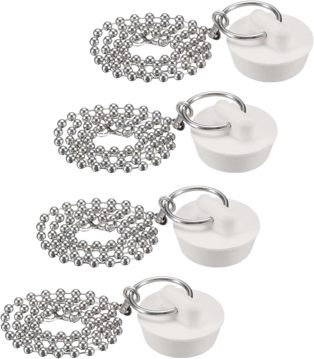 4 stuks rubberen afvoerstoppen met ketting en kleerhanger, afvoerstop voor bad en badkamer, geschikt voor 2,54 cm, rubberen afvoer voor wastafel, badkuip, keuken en badkamer, wit