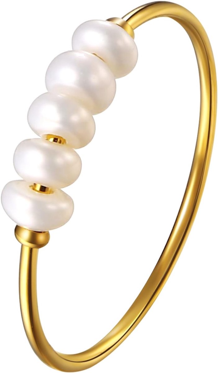 Damesring van roestvrij staal met parels: parelring gouden ringen met witte zoetwaterparels verlovingsring trouwring trouwring damesring cadeau voor vrouwen, 60, Roestvrij staal