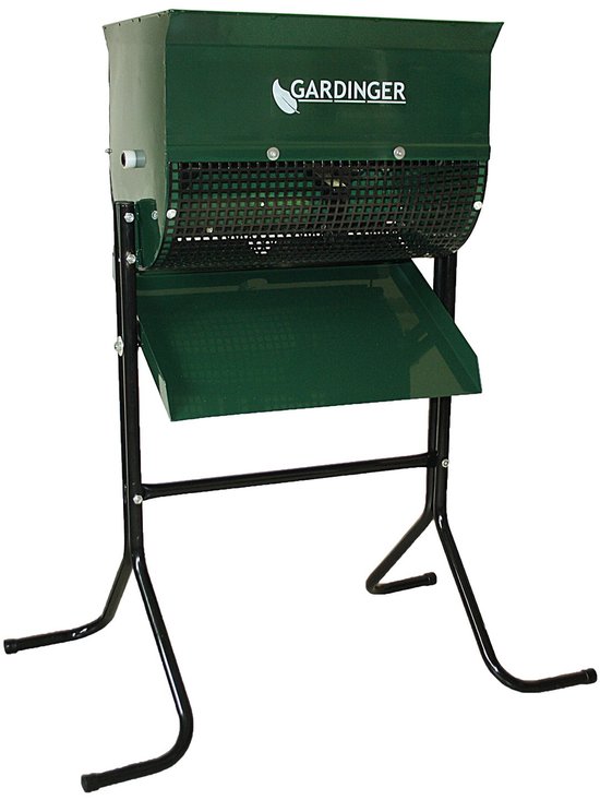 Groene GARDINGER compostzeef met zwarte gaasrol, onderscheptrechter en zwart onderstel.