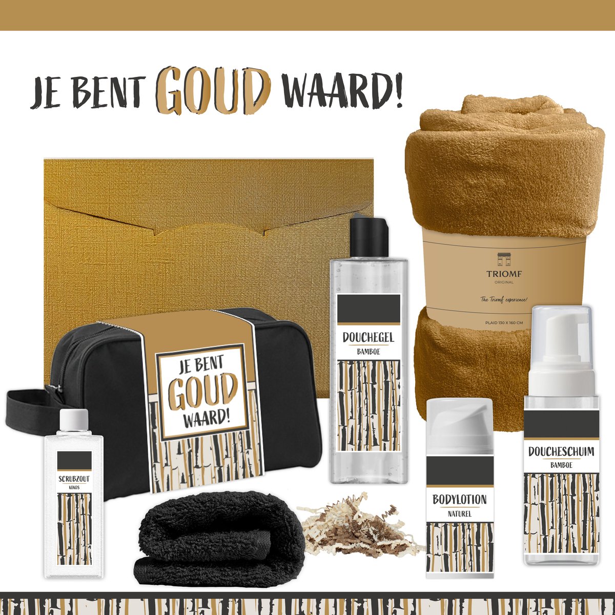 Geschenkset “Je bent goud waard!” - 7 producten - 1390 gram | Giftset voor hem Vader Papa Cadeau Luxe Wellness Pakket Man Speciaal Cadeaupakket Doos Handdoeken Fleecedeken Geschenk Cadeaudoos Verjaardag Vaderdag Gift Set Douche Goud Goud