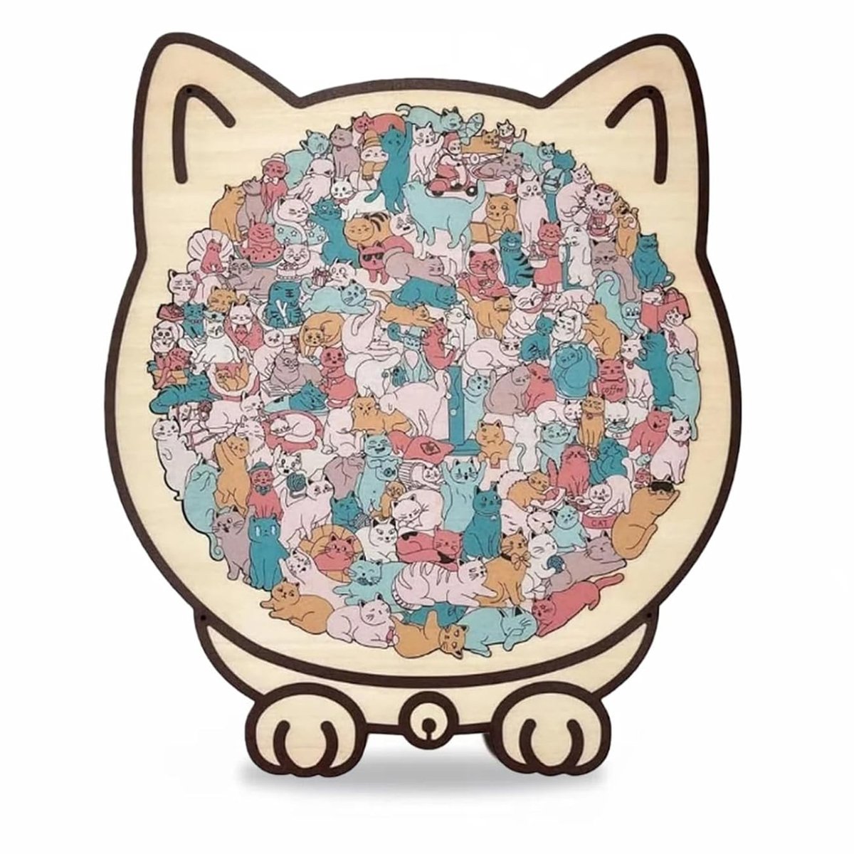 Cat Shaped Wooden Jigsaw Puzzle for Adults -Stress Relief Brain Teaser- Unique Wall - Table Decor Gift for Cat Lovers (Macaron)
