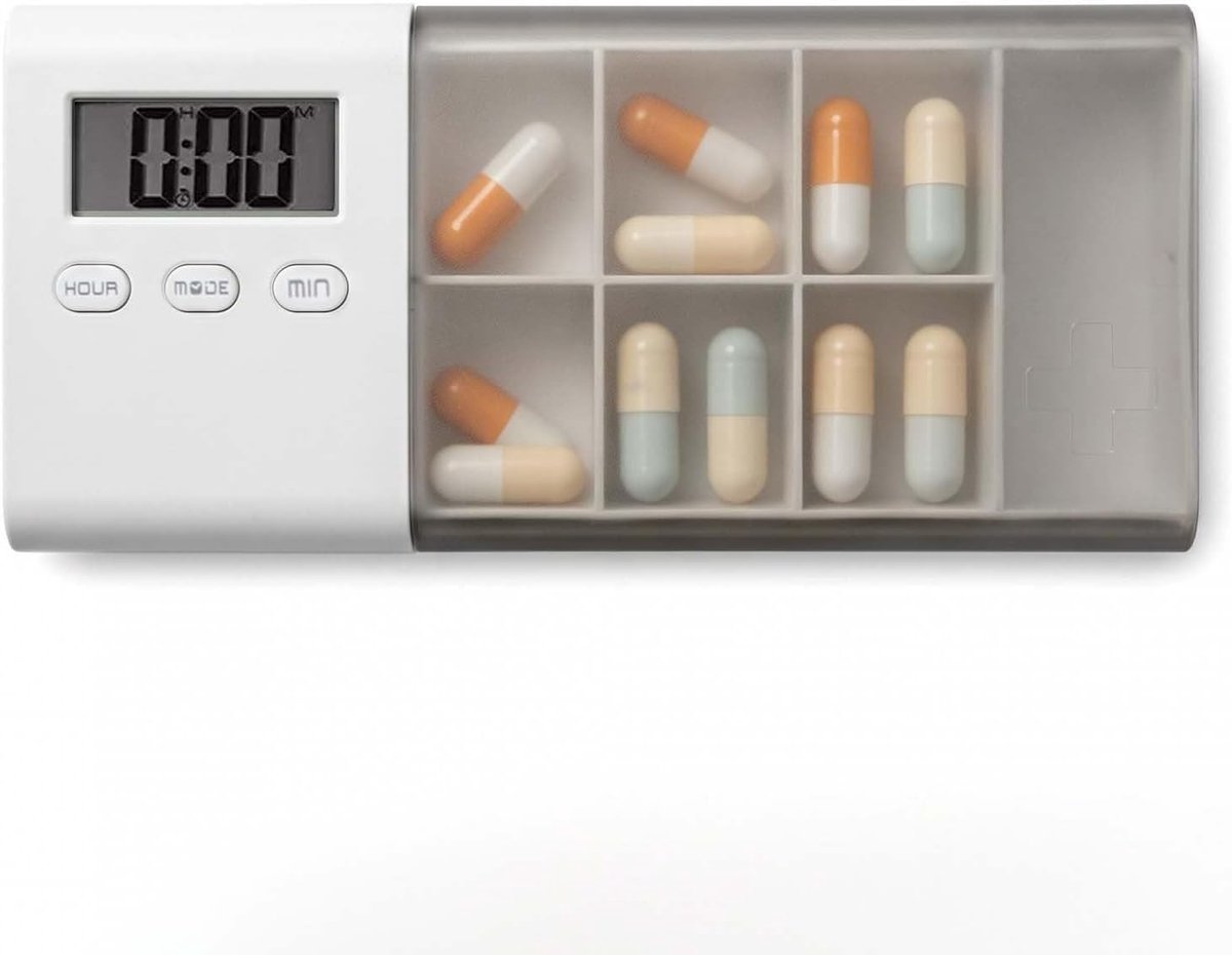 Wekelijkse pillendoos met 7 compartimenten en 5 wekkers – Pop-up slimme pillendoos – draagbare pillendoos met LCD-display – voor reismedicijnen, vitamines, tabletten, capsules, supplementen – grijs.