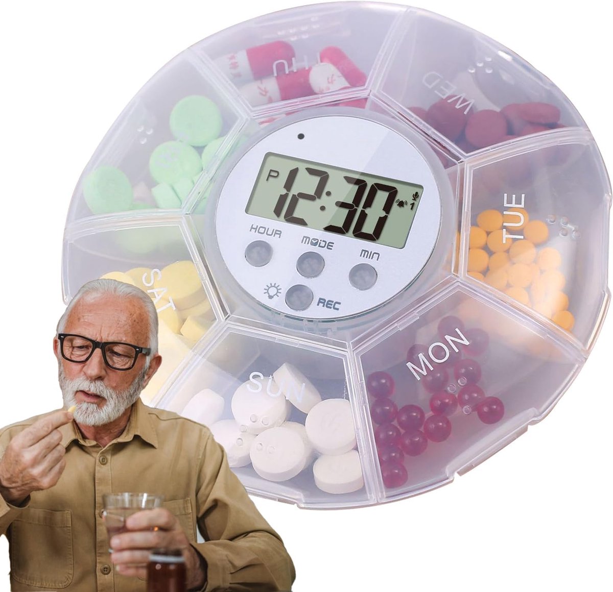 Slimme pillendoos met alarm, LED-verlichting, 7 compartimenten, opname | pillendoos voor thuis, zorg voor ouderen, verpleeghuis, ziekenhuis – producten voor