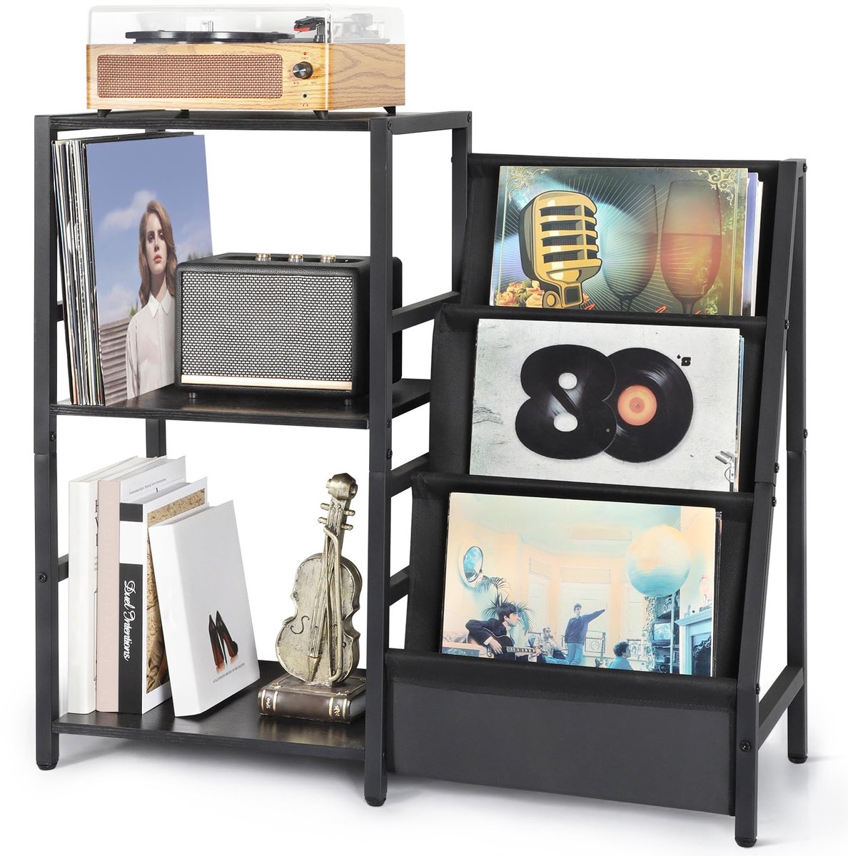 SnelShoppen - Turntable Stand Eettafel met 3 Niveaus Opslag voor Vinyl Platen Speler Tot 200 Albums, Vinyl Record Houder Kast voor Woonkamer Zwart