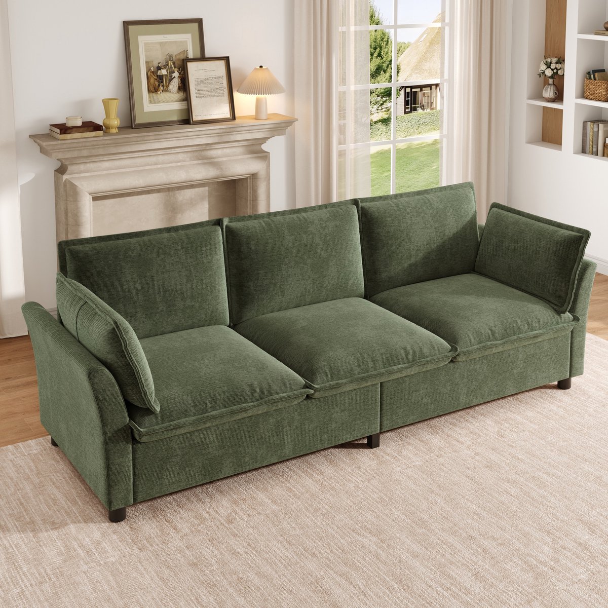 Driezitsbank - fauteuil - met zitkussen - met 2 armleuningskussens - moderne bank - groen
