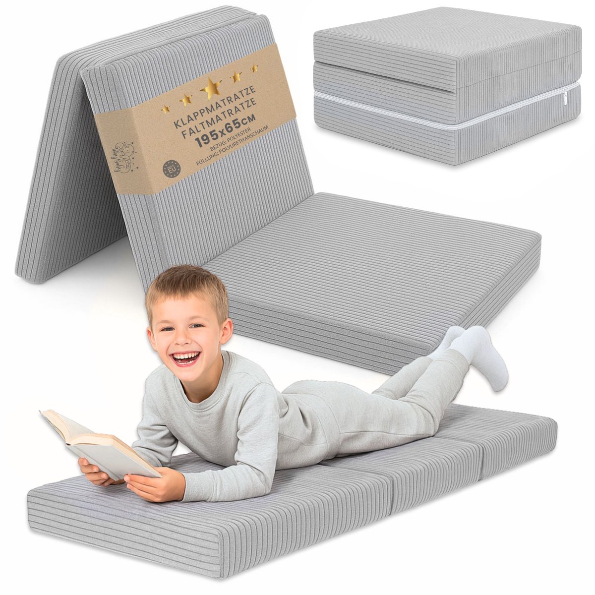 Vouwmatras Kind Opvouwbaar 65x195 cm Logeermatras Vloermatras Kinderkamer Reismatras Draagbaar Compact Afneembare Hoes Wasbaar Oeko-Tex certificaat 65 x 195 Lichtgrijs