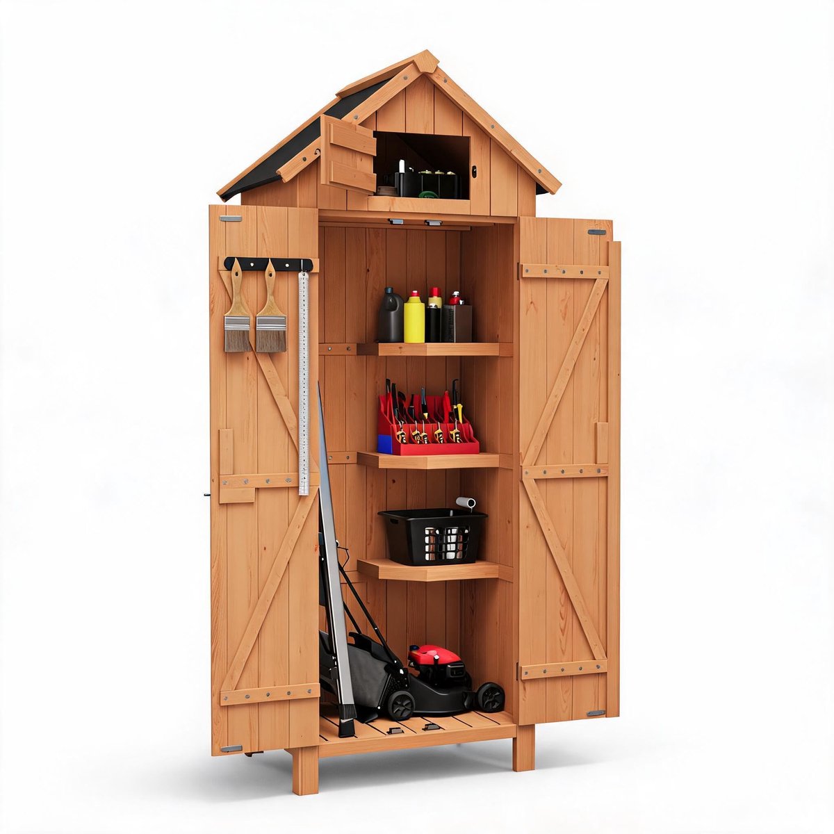 Danky - Houten Buitenberging - Opbergkast met Deur en Stellingkast - 177 cm Hoog - Incl. Wandhaak, Deurkruk en Slot