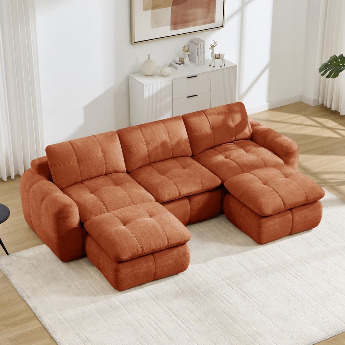 Pugsdrly 3-zits U-vormige frameloze modulaire bank, wolkzachte chenille-bekleding, 32D-schuim met hoge dichtheid, vrij te combineren, montagevrij met 2 voetenbankjes voor woonkamers en appartementen, oranje