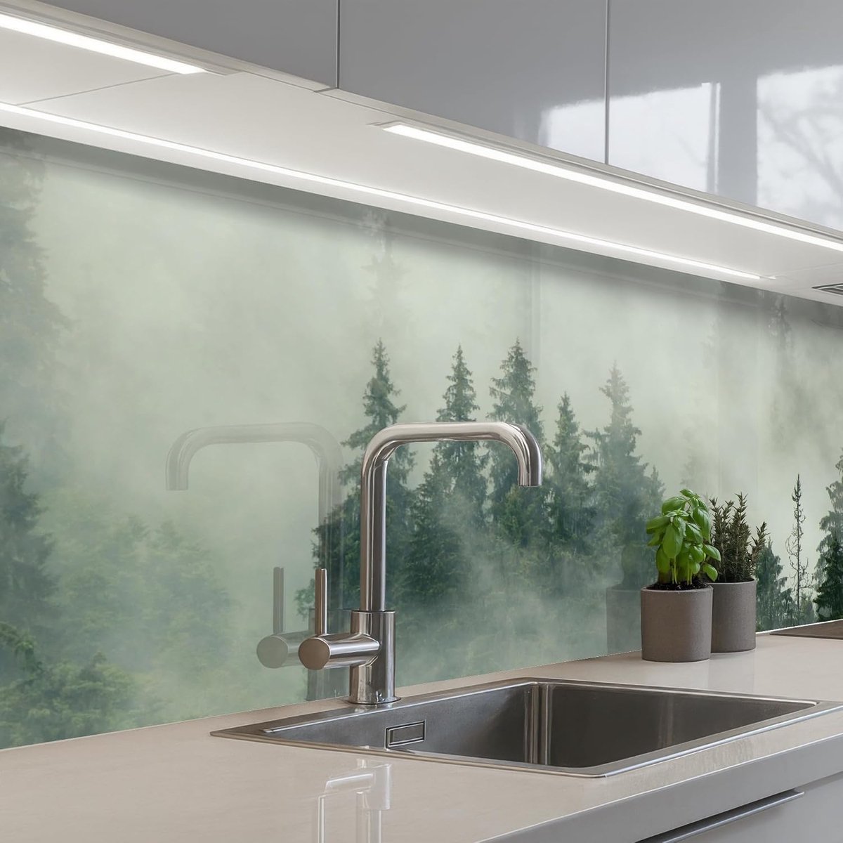 keukenachterwand 60x200 cm zelfklevend keuken decoratie accessories home kitchen spatscherm Bos - Mist - Bomen - Natuur