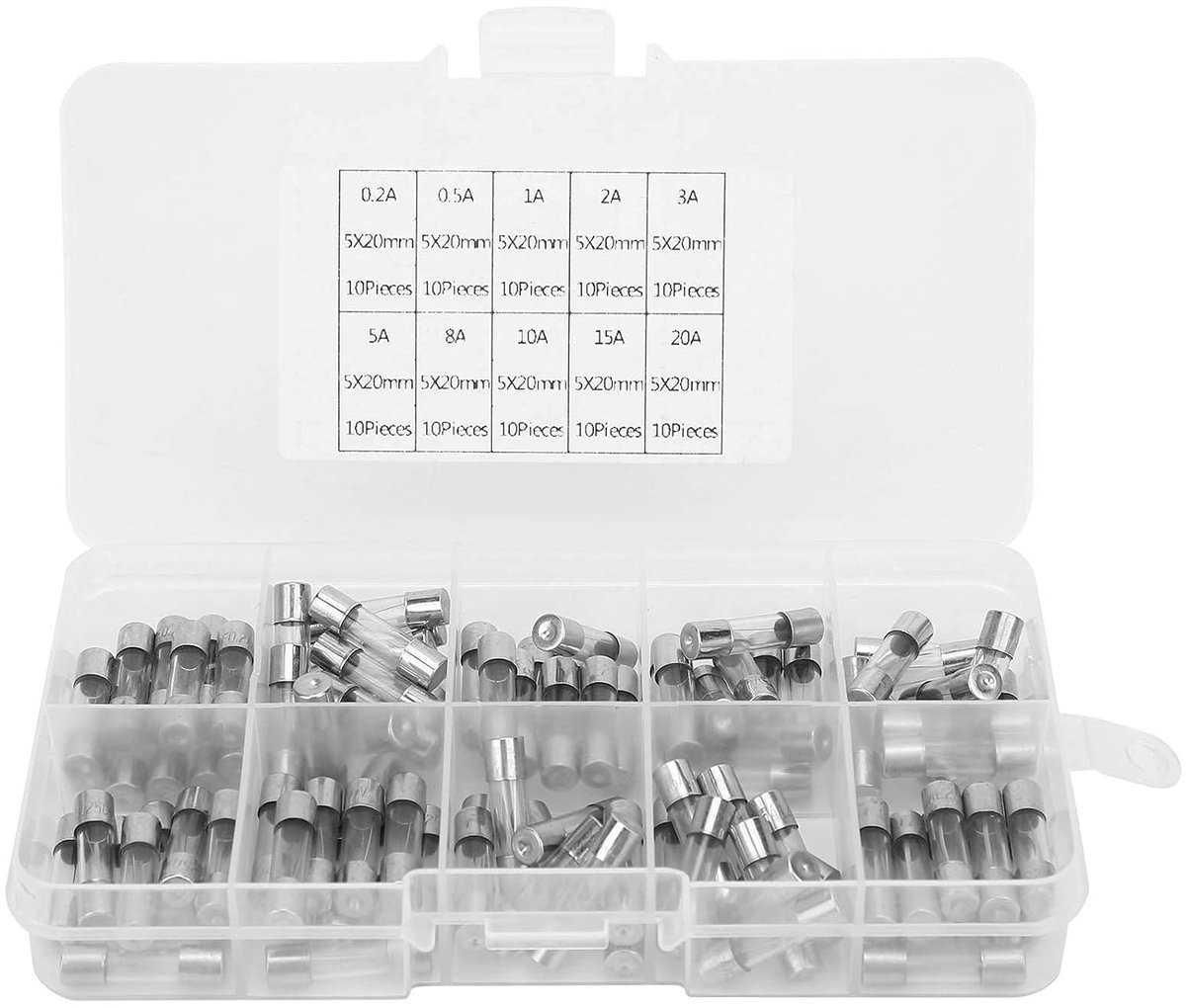 Glaszekering 5x20mm 0.2/0.5/1/2/3/5/8/10/15/20AMP ​​Glaszekering Diverse Kit Industriële Benodigdheden met Sterke Mechanische Eigenschappen