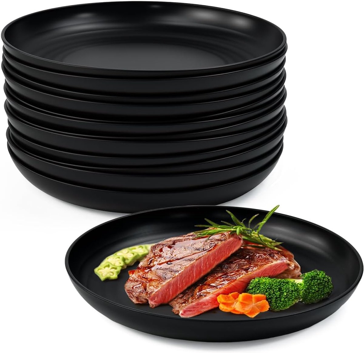 12 stuks platte borden 22,5 x 3 cm, herbruikbare ronde borden, zwarte feestborden, BPA-vrije onbreekbare ronde borden, voor thuis, eetkamer, camping, salades en desserts