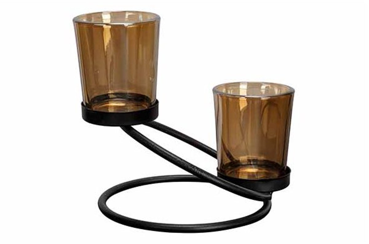 Theelichthouder 2 Glasses Metal Stand Zw Art 14x12xh13,5cm
