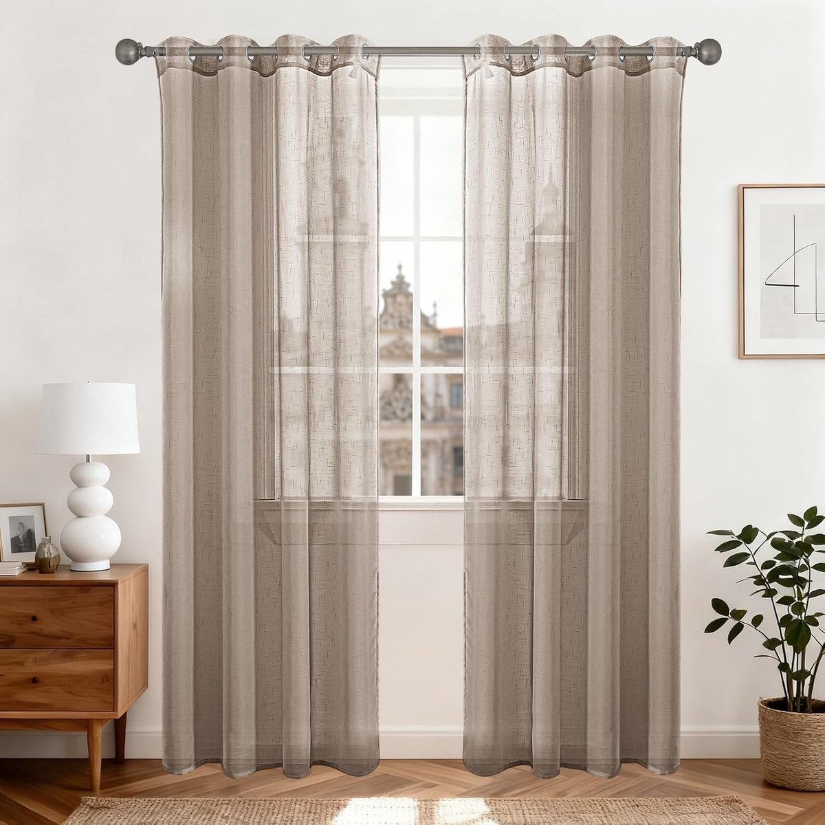 Halftransparant Gordijnen In Linnenlook Set Van 2, 140x260CM, Vitragegordijnen Met Oogjes Voor Woonkamer Slaapkamer, Binnengordijnen Doorschijnend Raamgordijnen Transparante, Camel