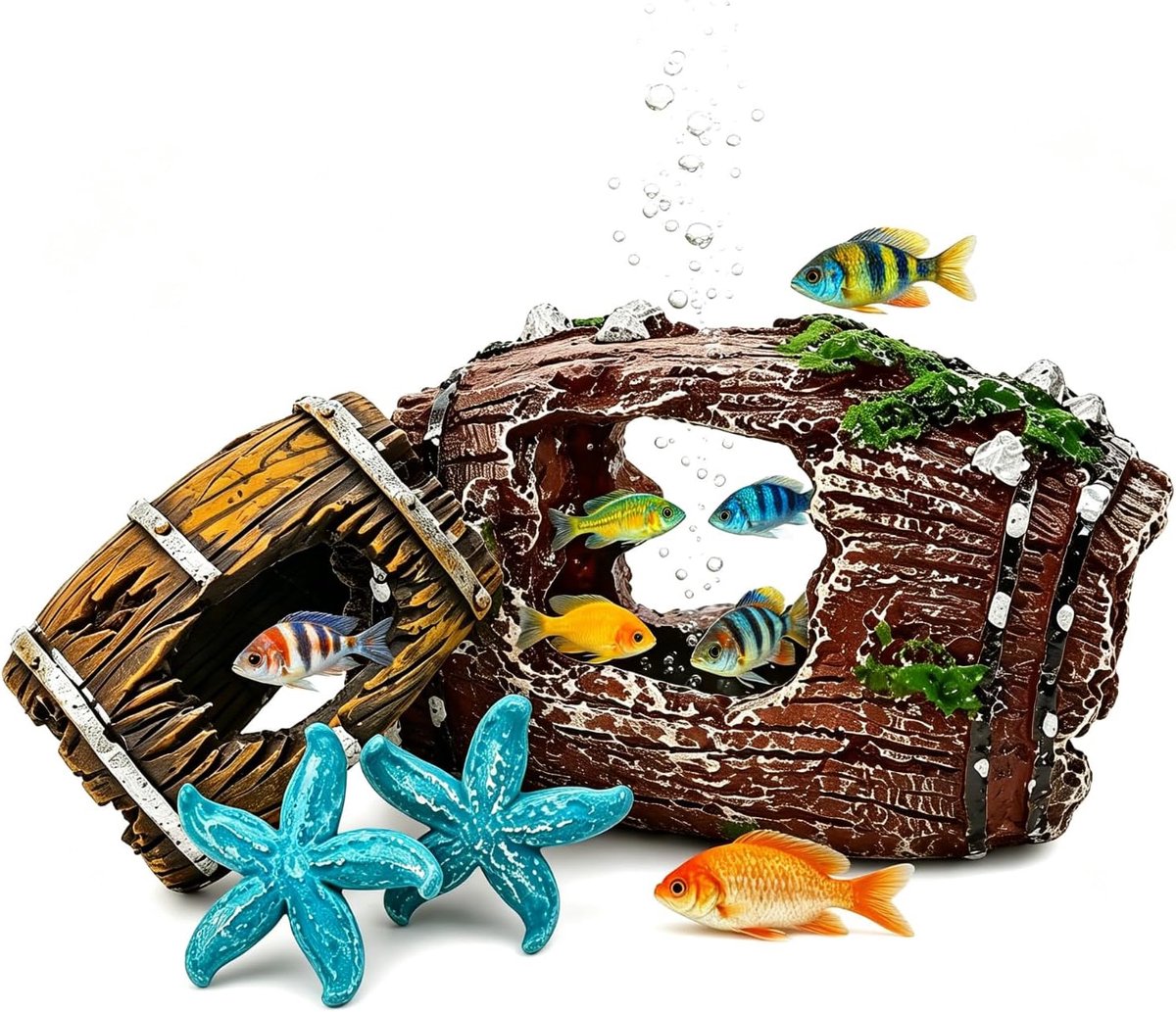 2 maten aquarium decoratie boomstam hars simulatie mos grot realistisch | Natuurlijke look, als schuilplaats, klimhulp, voor aquarium, terrarium, vis, garnalen, gekko, met zeesterren, splintervrij