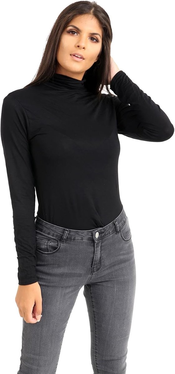 dames lange mouw effen schildpad polo roll hals stretch trui T-shirt TeeTop