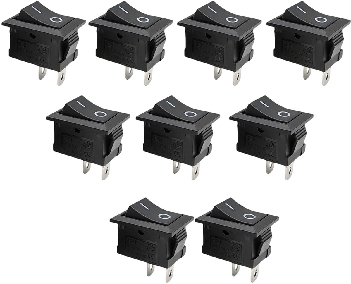 Schakelaar, schakelaar voor apparaten, tuimelschakelaar, 6 A, 250 V AC, 10 A, 125 V AC, rechthoekig, 2 posities, aan/uit, zwart