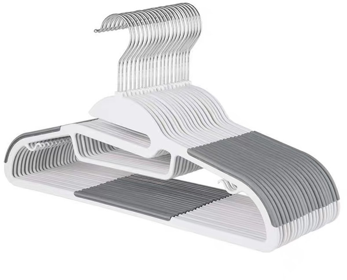 KZQ Kunststof kledinghangers (set van 20) — Antislip, ruimtebesparend, duurzaam, geschikt voor nat en droog gebruik, 360° draaibare haak (grijze/zwarte rubberen antislipstrips)