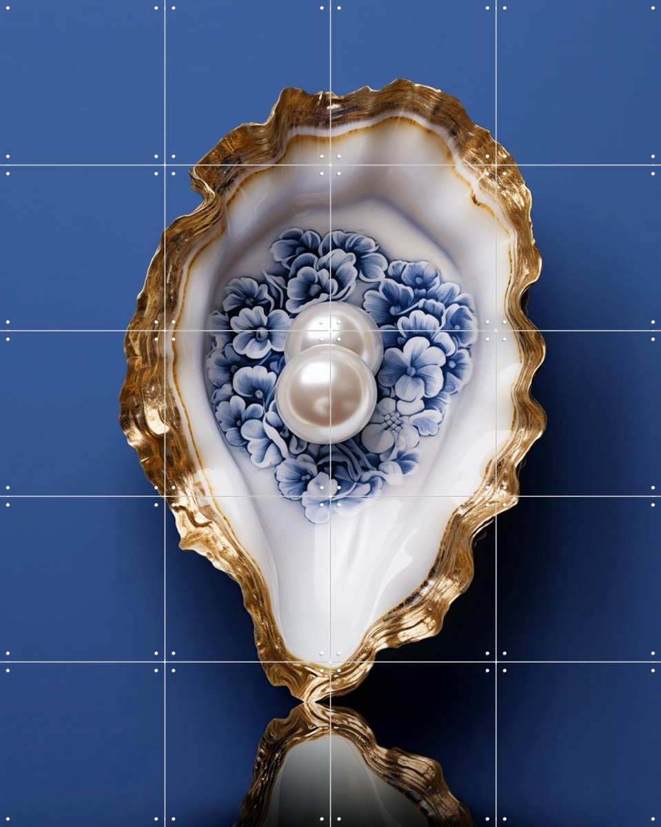 IXXI Delft Blue Oyster with Gold and Pearls, OTTI - 80 x 100 cm - Gratis ophangtool - Grote wanddecoratie en posters - Klassiek, Decoratieve kunsten