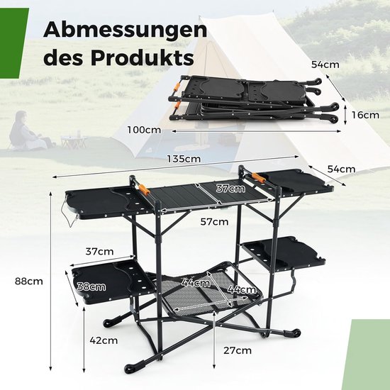 Campingkeuken - Opvouwbare tafel - Buiten koken - Met 4 zijtafels - 135 x 54 x 88 cm - Zwart — afbeelding 3