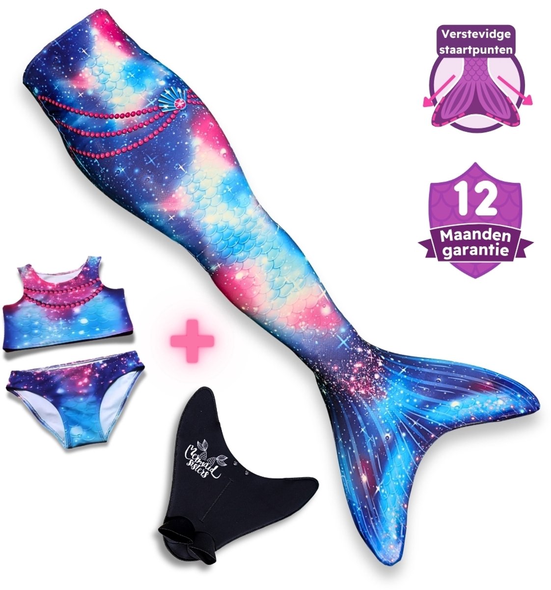 Mermaid Sisters Zeemeermin Staart Set voor Meisjes - Blauw/Roze - Maat 30-32 - Monovin & Bikini Zeemeermin Zwemkleding