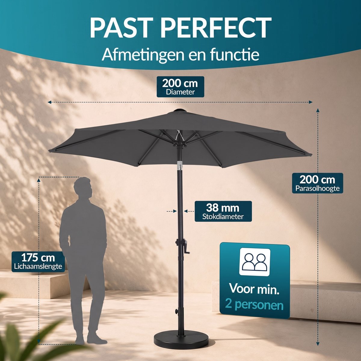 Kingsleeve Parasol 200 cm - Zwengel & Kantelmechanisme - Antraciet – foto 7