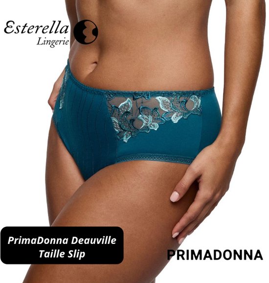 Peacock blauwe slip met verticale strepen. Kant met bloemenpatroon op de zijkanten. Tekst: PrimaDonna Deauville Taille Slip, PRIMADONNA.