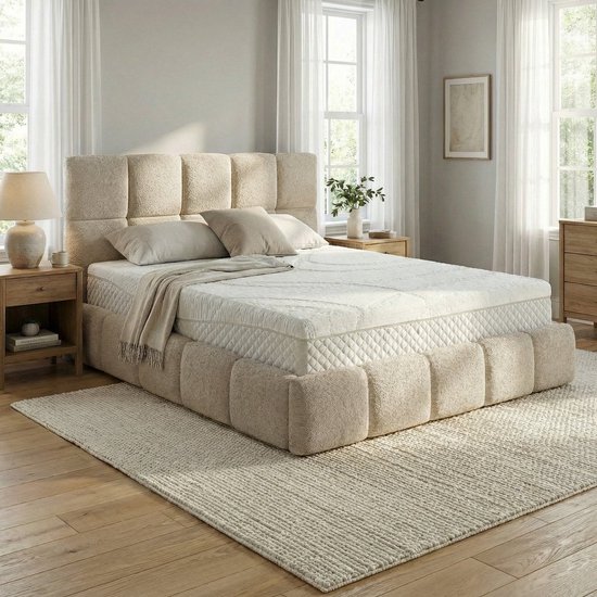 Cadre de lit beige luxueux avec rangement, un matelas de qualité hôtelière, de la literie et des oreillers.