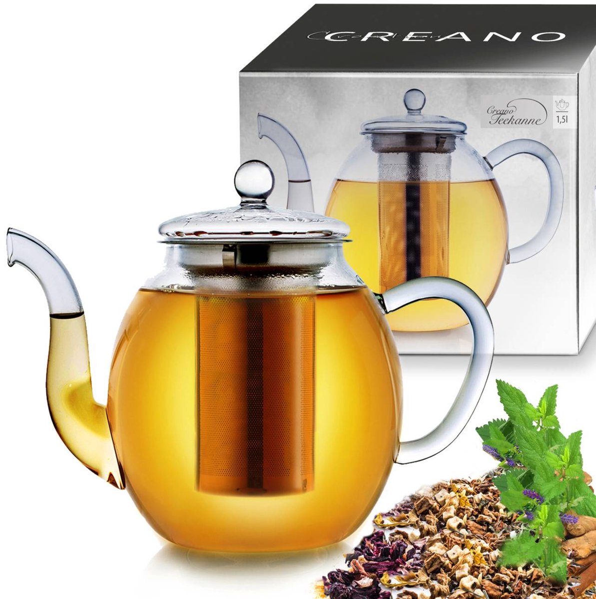 Creano glazen theepot 1,5l, 3-delige theemaker met geïntegreerde roestvrijstalen zeef en glazen deksel, ideaal voor het bereiden van losse thee, druppelvrij, all-in-one