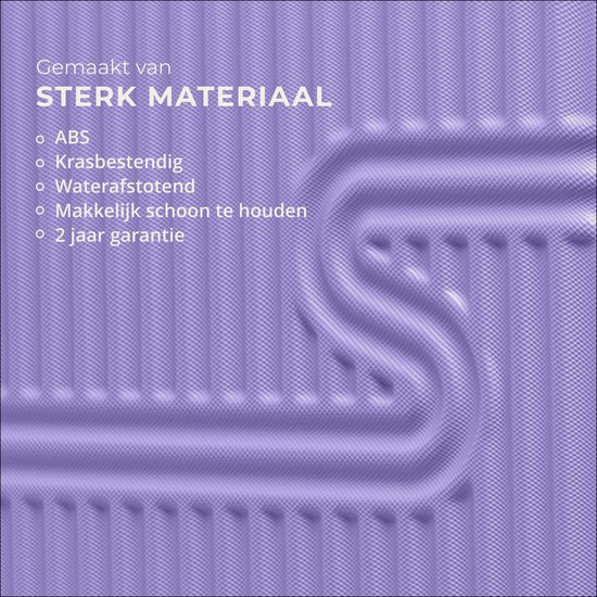 Lichtpaarse koffer met geribd patroon. Tekst: Gemaakt van sterk materiaal, ABS, krasbestendig, waterafstotend, makkelijk schoon te houden, 2 jaar garantie.