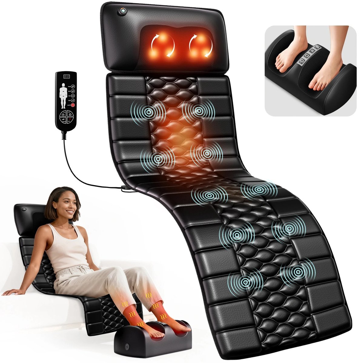 Velmio Massagemat - Massagematras - Massage Matras met Warmte - Hele Lichaam - Verlichting Weefselpijn - Stimulatiekussen - Zwart