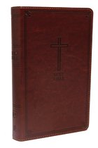 Bruine Bijbel met een kruis en 'HOLY BIBLE' op de kaft.