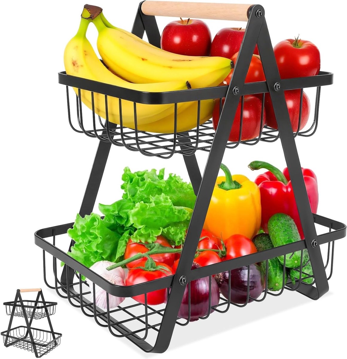 Moderne fruitmand met 2 niveaus en houten handvat, afneembare mesh mand voor groenten, snacks en brood in zwart