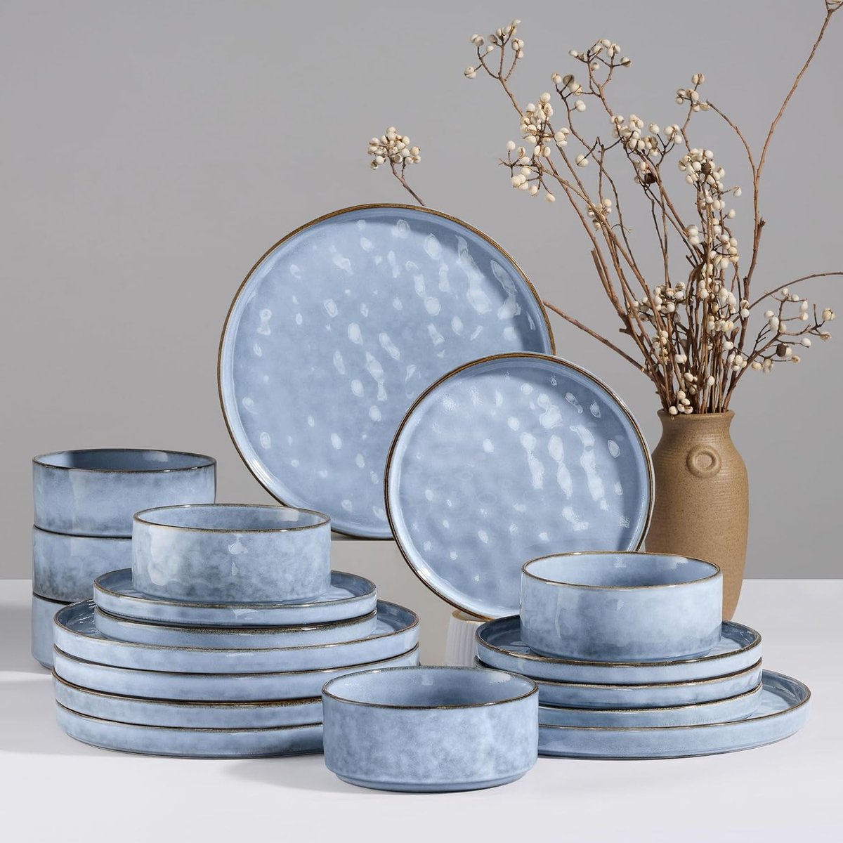 6-Persoons Servies Set van 18 Stukken, Steengoed Tafelgerei met Diepe Borden, Dessertborden en Kommen, Magnetron- en Vaatwasserbestendig, Serenity Blauw