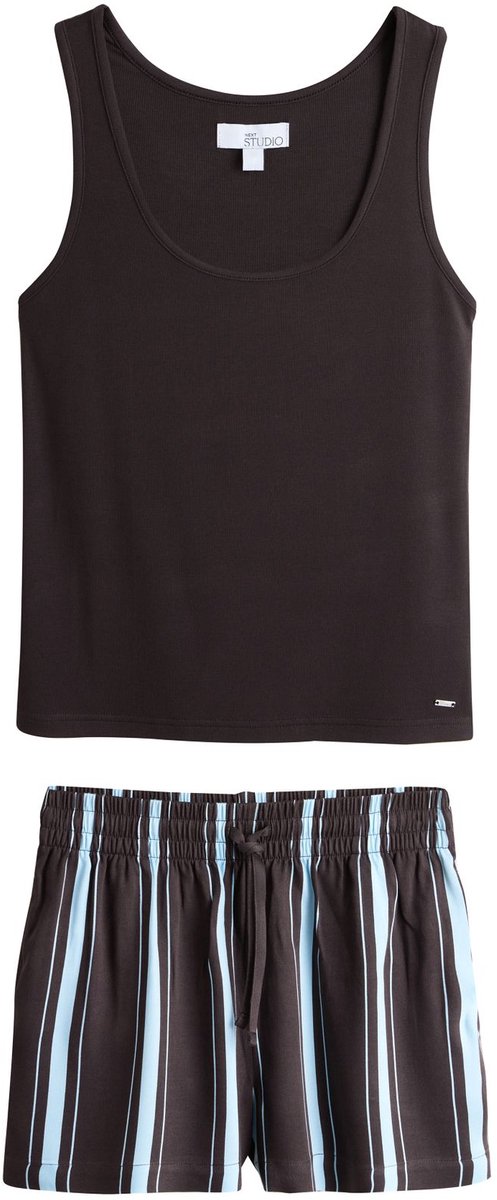 Next Dames - Studio pyjama van geribbeld hemdje met racerback en short - Bruin