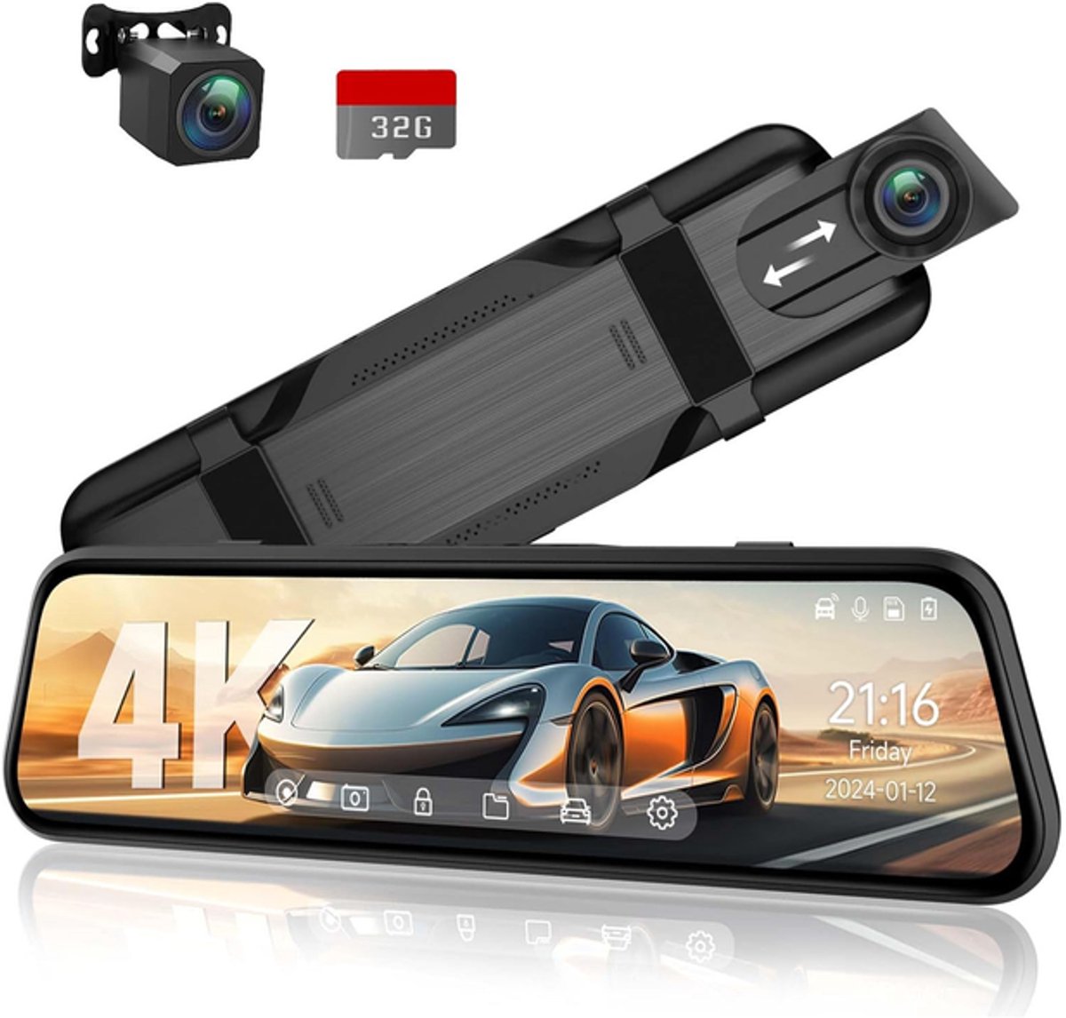 KZQ Dashcam met achteruitrijcamera 4K 10 inch IPS-touchscreen spiegelcamera voor auto voor en achter opname met voice control nachtzicht parkeerstand bewegingsdetectie incl 32GB SD-kaart