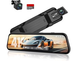 KZQ Dashcam met achteruitrijcamera 4K 10 inch IPS-touchscreen spiegelcamera voor auto voor en achter opname met voice control nachtzicht parkeerstand bewegingsdetectie incl 32GB SD-kaart