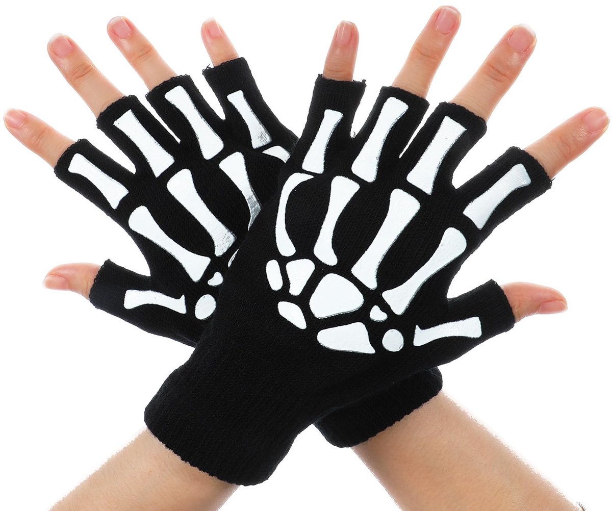 Dailygoods- Handschoenen Vingerloos Zwart - Skelet Handschoenen - Halloween Accessoires - Unisex - Ademend - Polyester - Vingerloze Handschoenen
