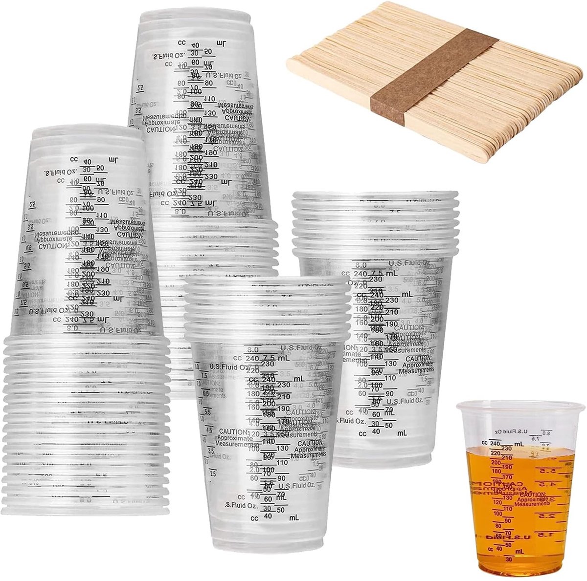 Dailygoods- Mengbekers Set van 50 Stuks - 240 ml Gegradueerde Maatbeker - Transparant Kunststof - Inclusief Houten Stok - Gemakkelijk te Reinigen - Afmetingen 7,8 x 7,8 x 10 cm - Maatbekers