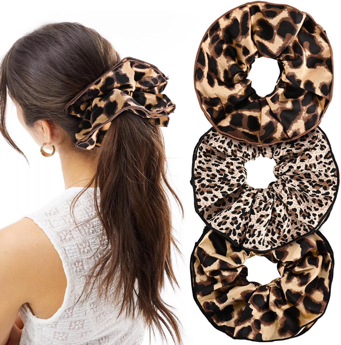 Dailygoods- Scrunchie Oversized - 3 Stuks - Luipaardprint - Elastisch - Haaraccessoires - Geschikt voor Krullend Haar - Haarband