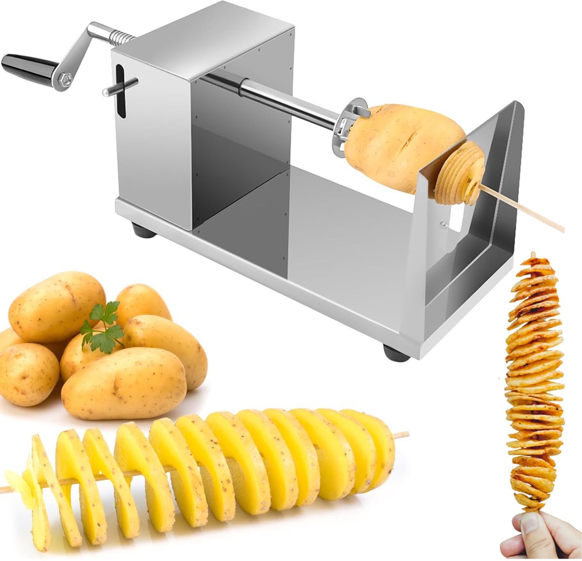 Spiraalsnijder voor Groenten en Aardappelen - RVS Aardappel Spiraalsnijder - Handmatige Tornado Aardappel Snijder - Multifunctionele Groente Snijmachine voor Komkommer, Wortel en Radijs