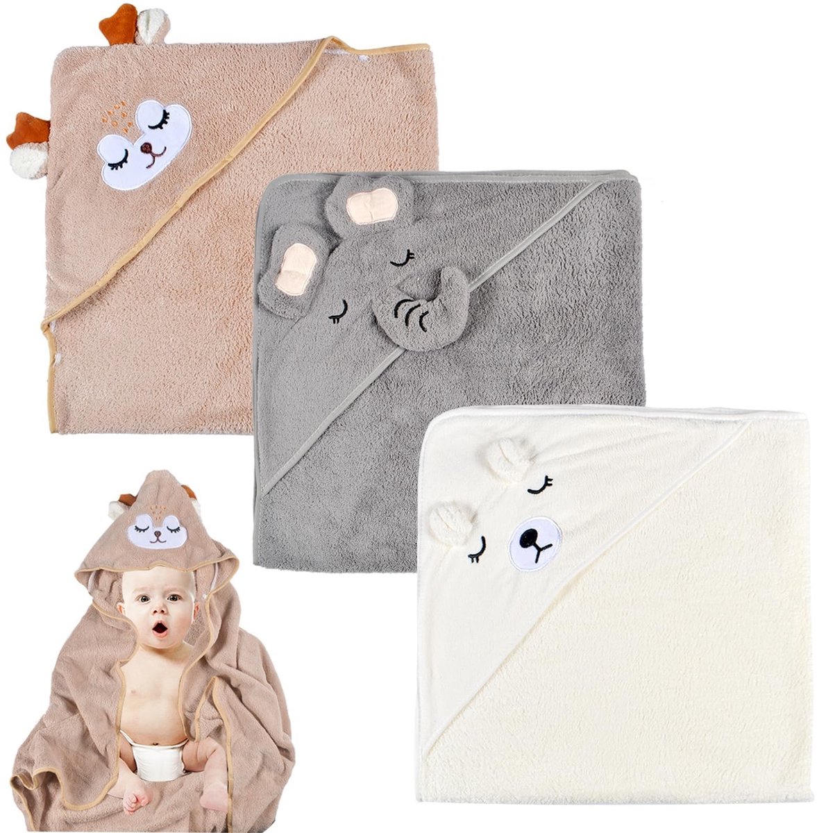 Dailygoods- Babyhanddoek met capuchon - 3-delige set - Bamboe - Super absorberend - Cadeau voor baby's - Kleine handdoek met print - Badhanddoek
