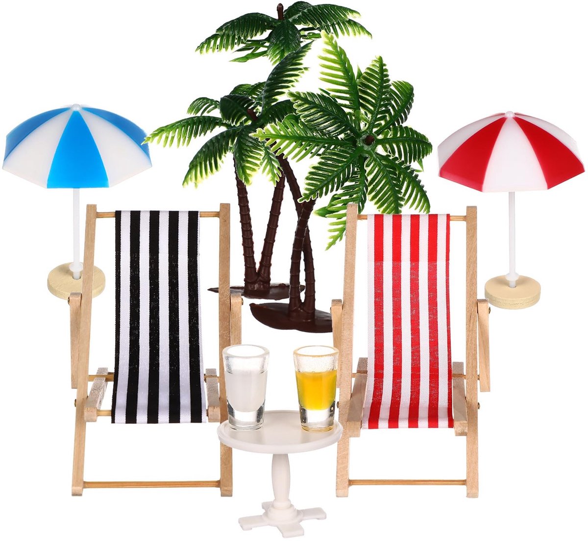 Dailygoods- Parasol Miniatuurset - Poppenhuis Accessoires - Strandstoel - Ronde Salontafel - Duurzaam - Kleurrijk Ontwerp - Poppenhuisaccessoires